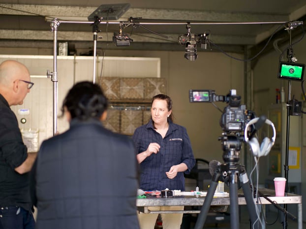 An Anvil Media video production shoot featuing a scientist as talent, camera operator, and producer.